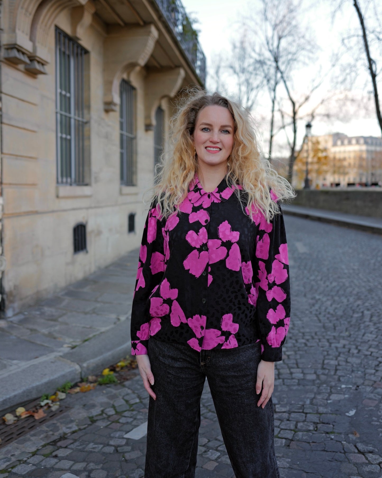 Zijden vintage blouse met bloemen - M/L