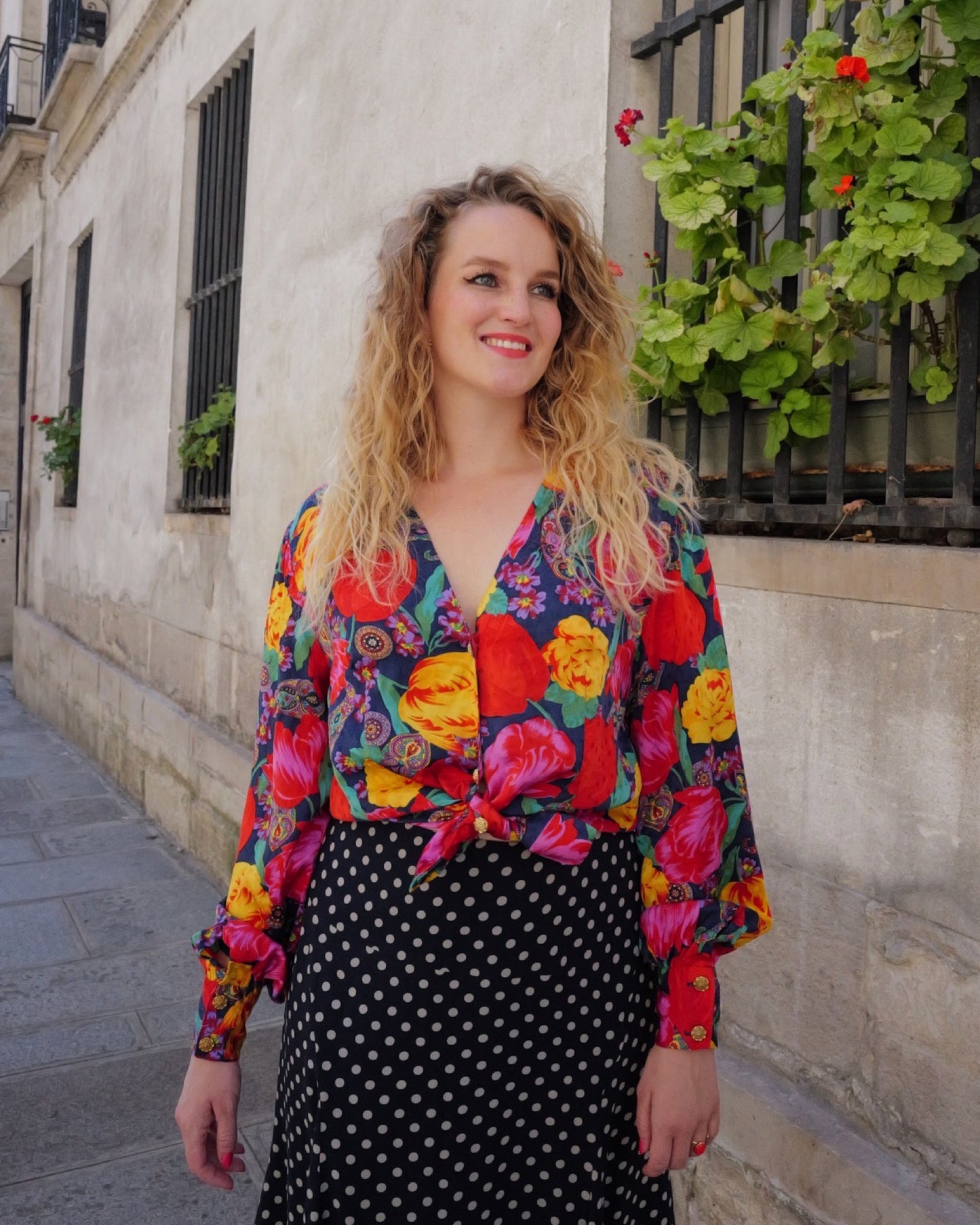 Vintage zijden bloemen blouse - L