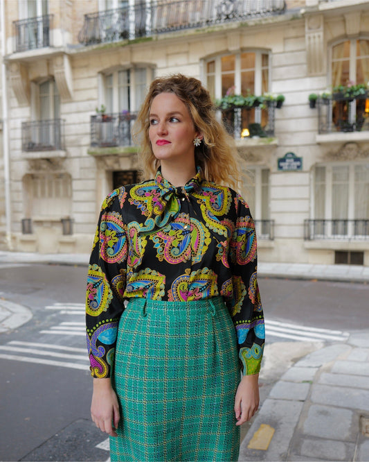 Vintage multicolor blouse met hartprint - M