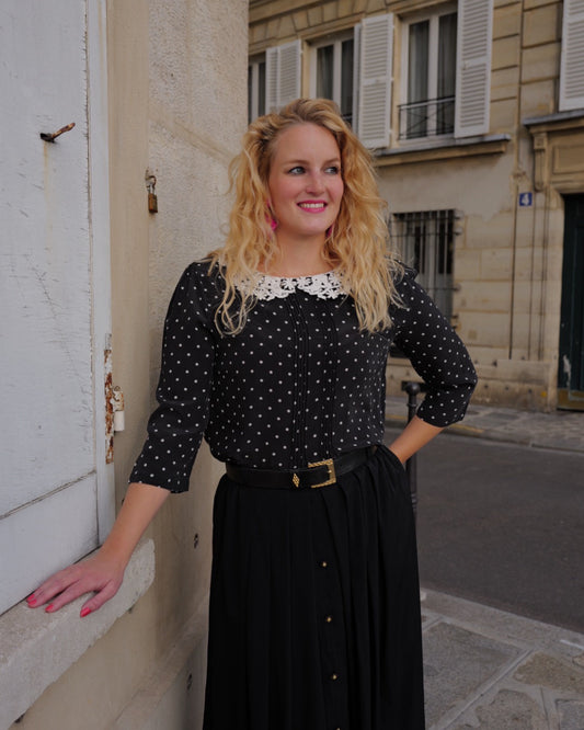 Zijden vintage blouse met stippen - S