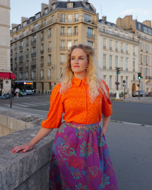 Oranje blouse met pofmouwen - S
