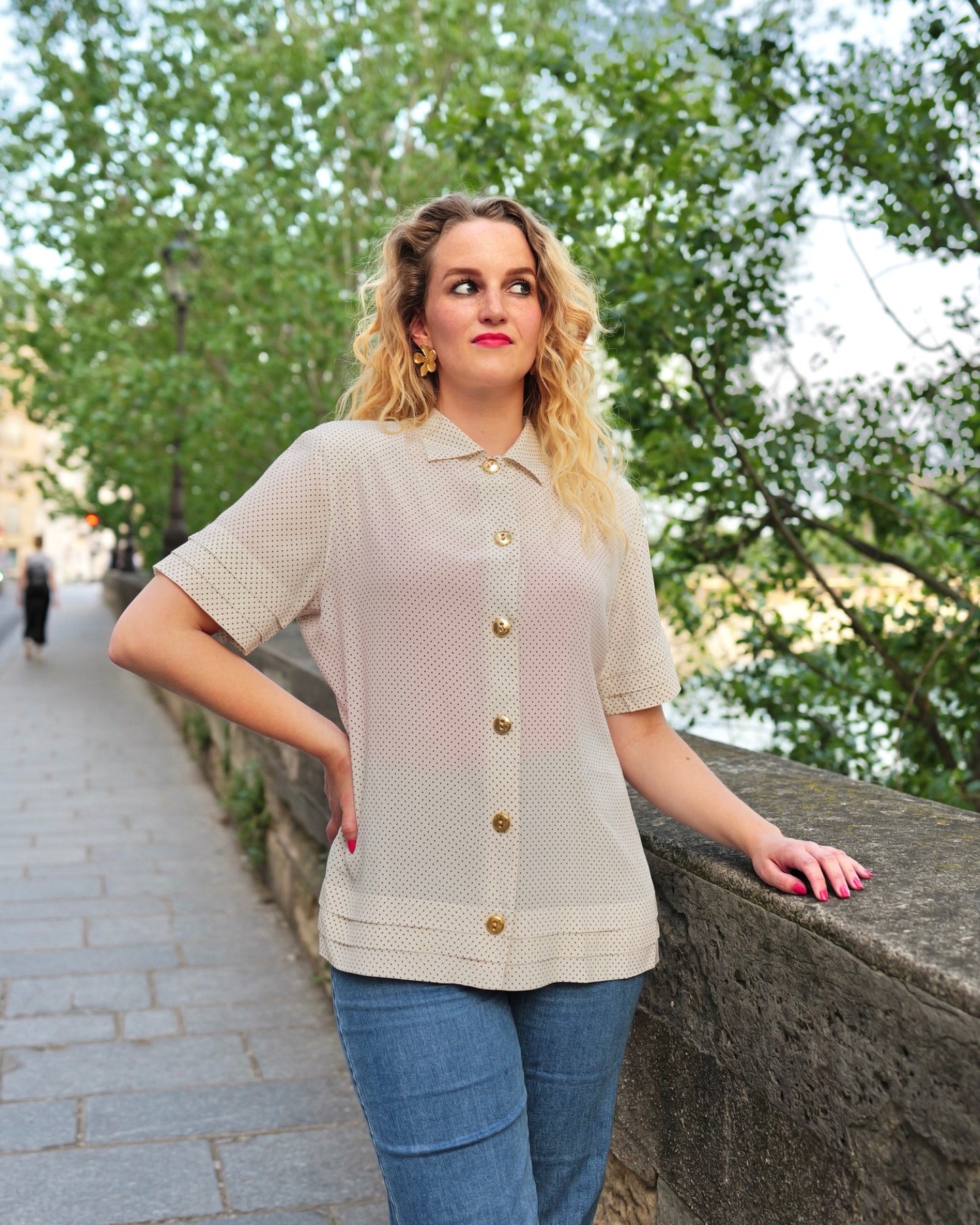 Zijden blouse met stipjes - L