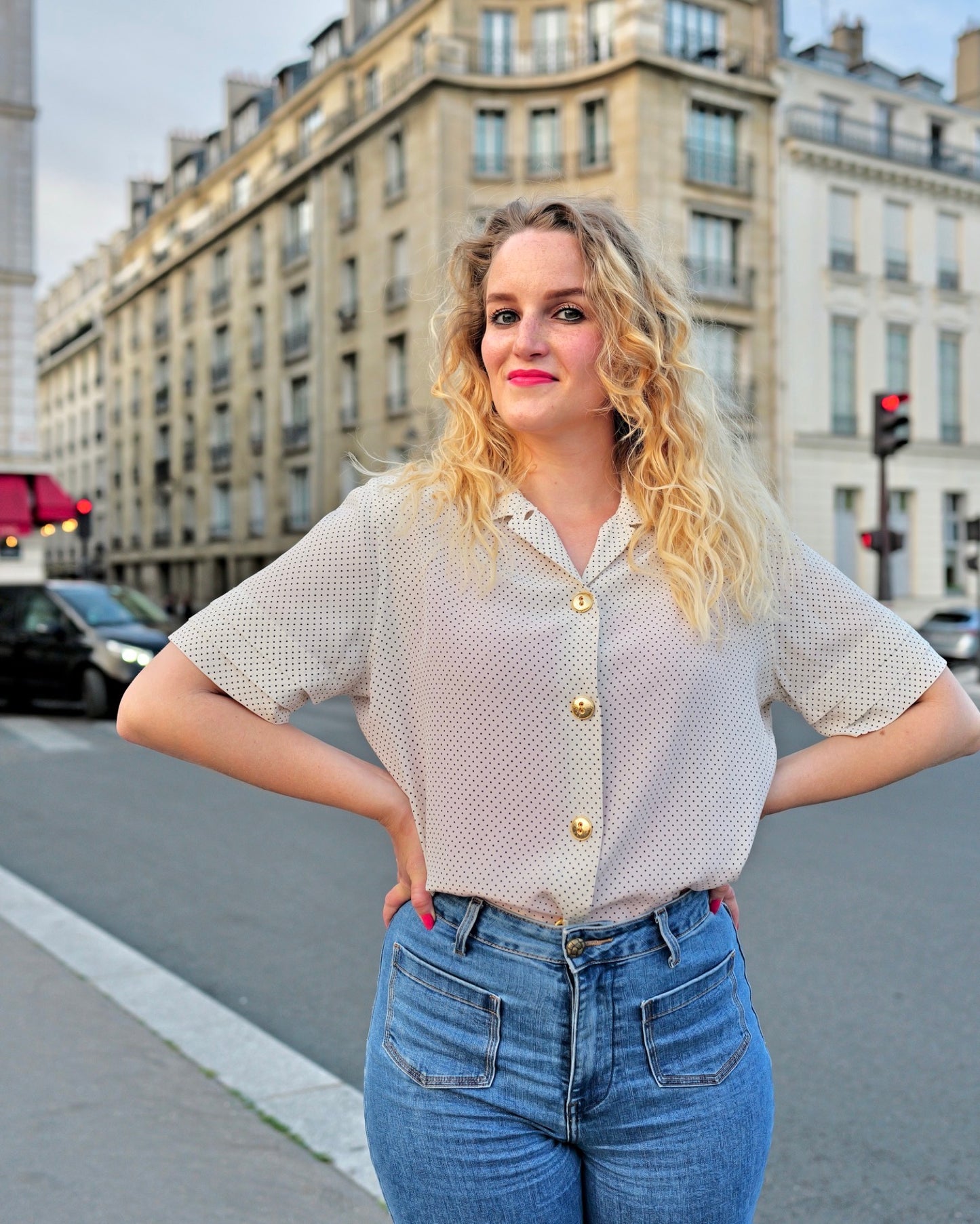 Zijden blouse met stipjes - L