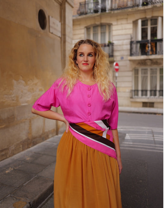 Fuchsia zijden vintage blouse - L