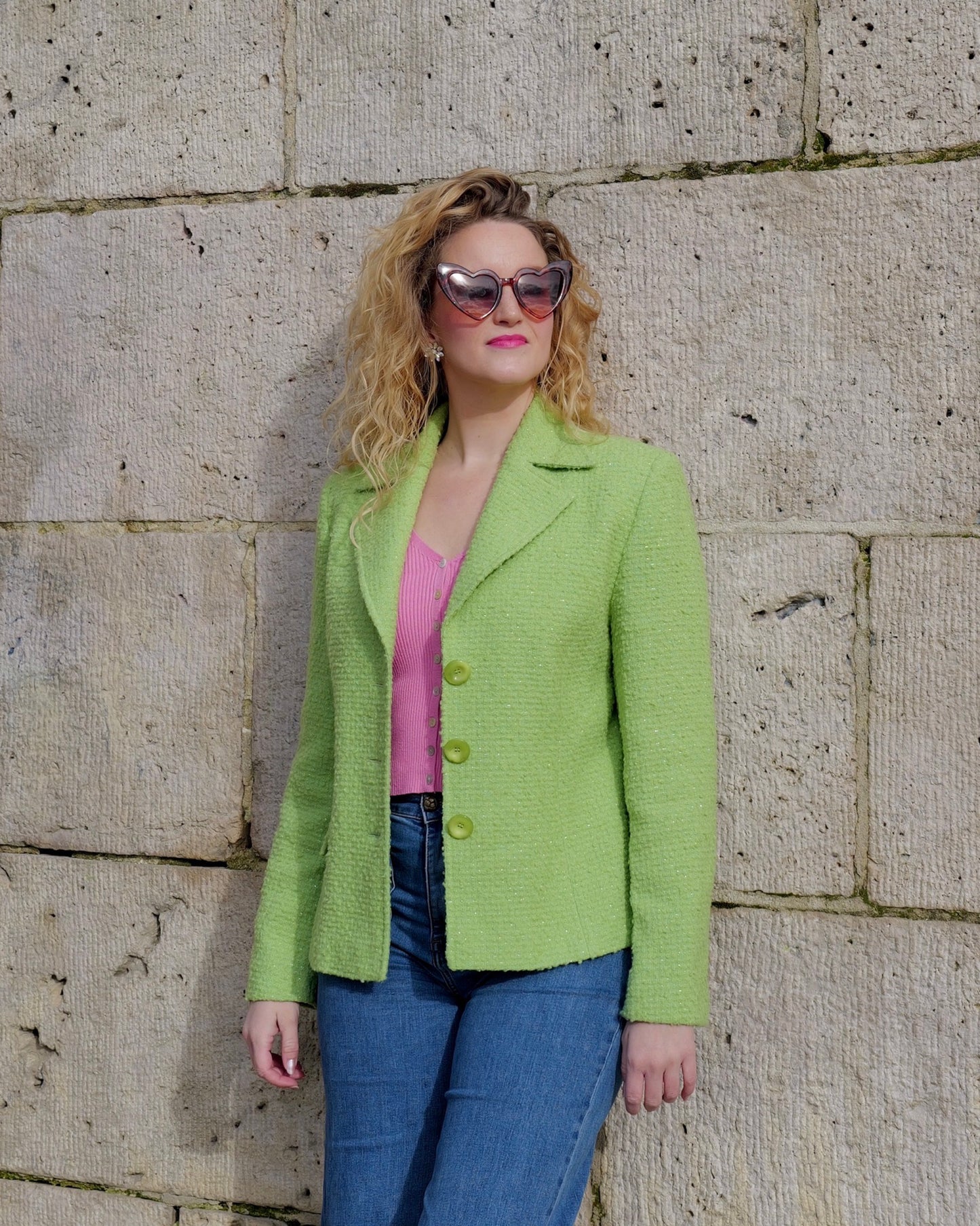 Vintage groene bouclé blazer - M/L