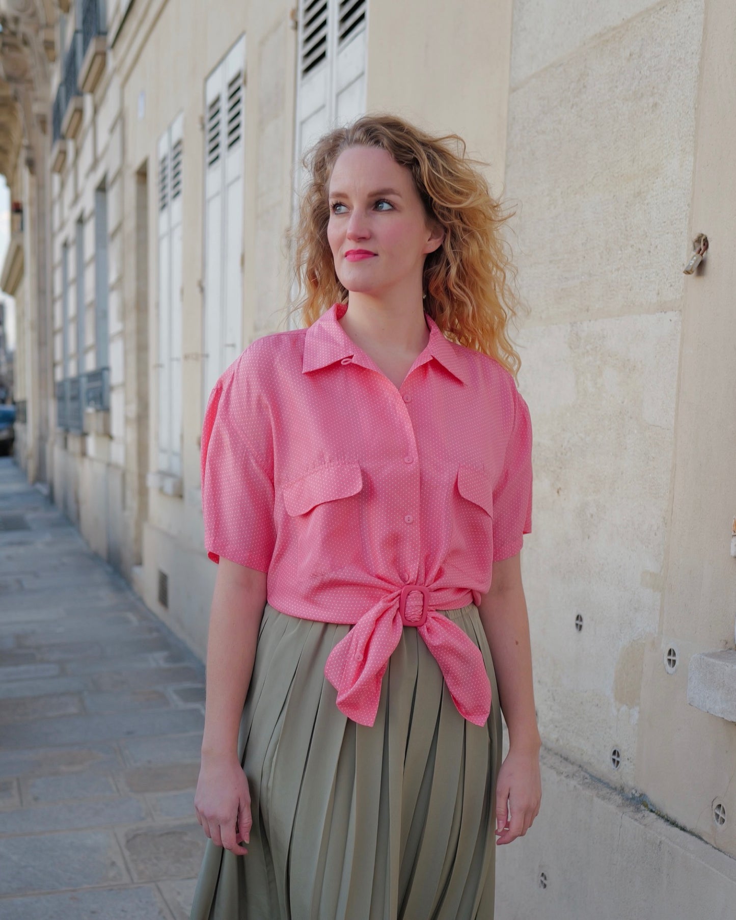 Zijden vintage blouse met stippen - XL