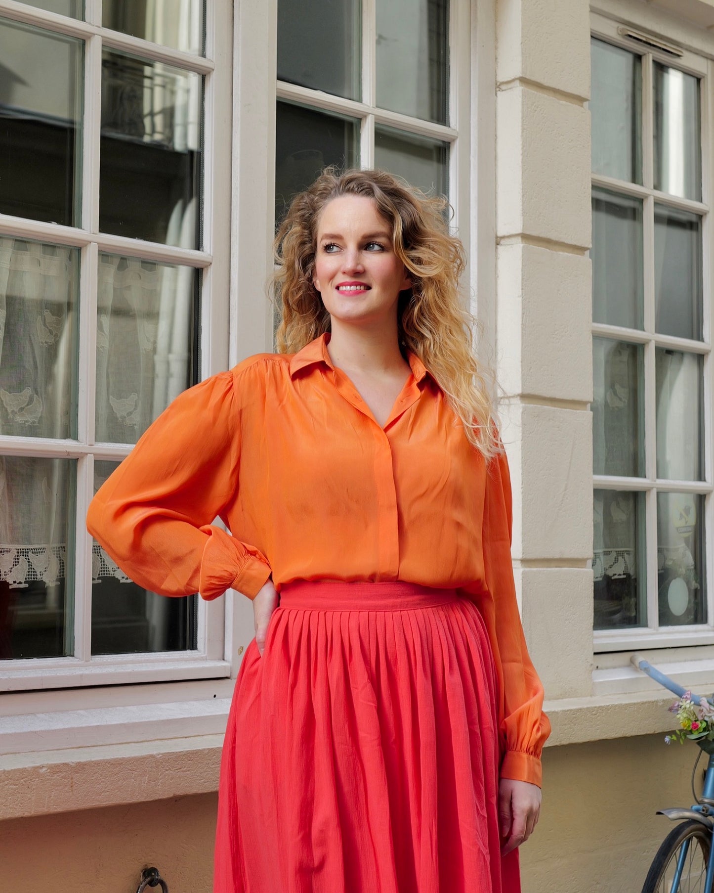 Oranje vintage blouse zijdemix - L