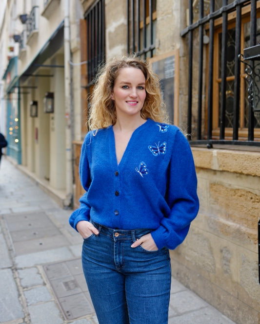 Vintage cobalt blue cardigan with butterflies - L