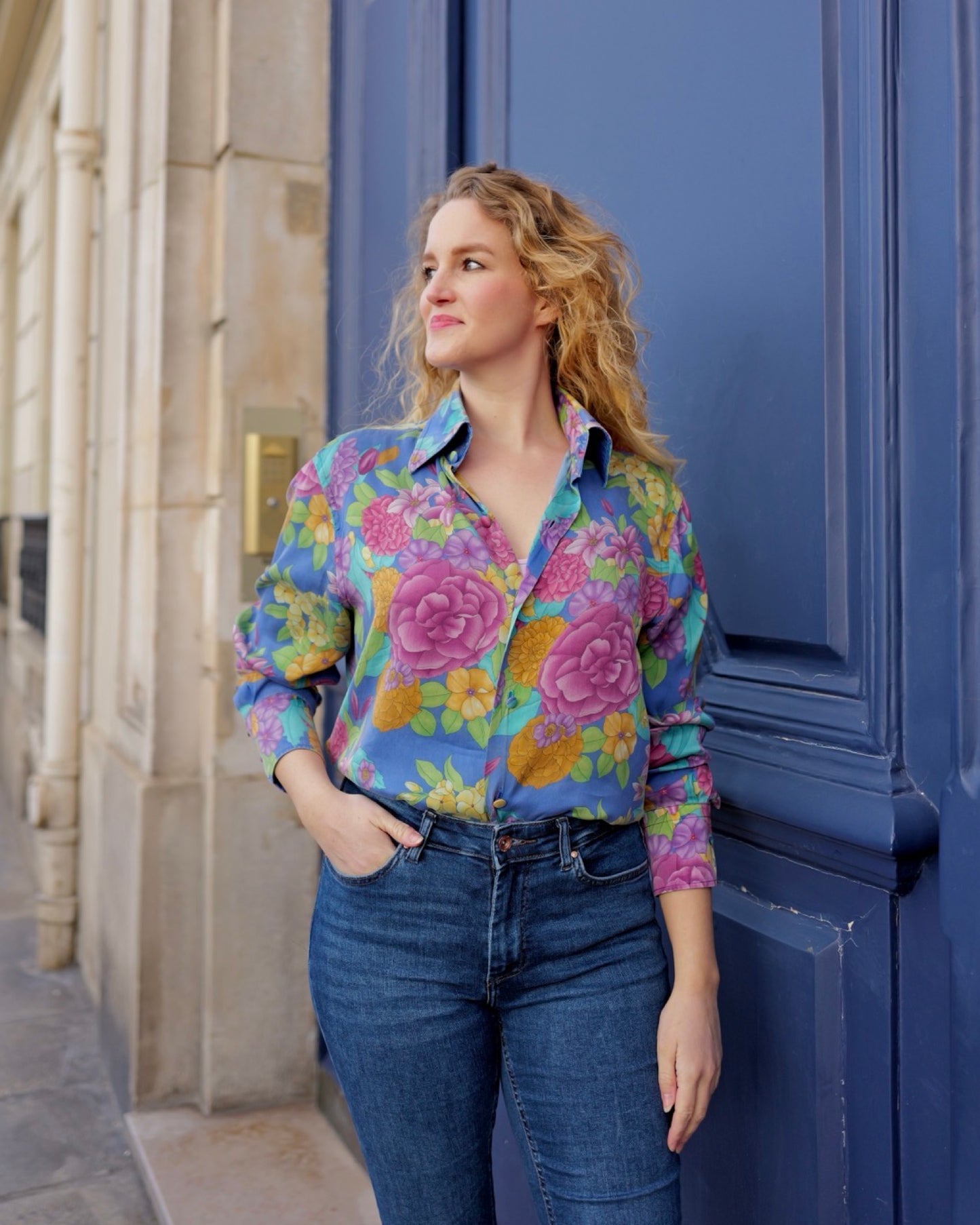 Zijden vintage blouse met bloemen - L