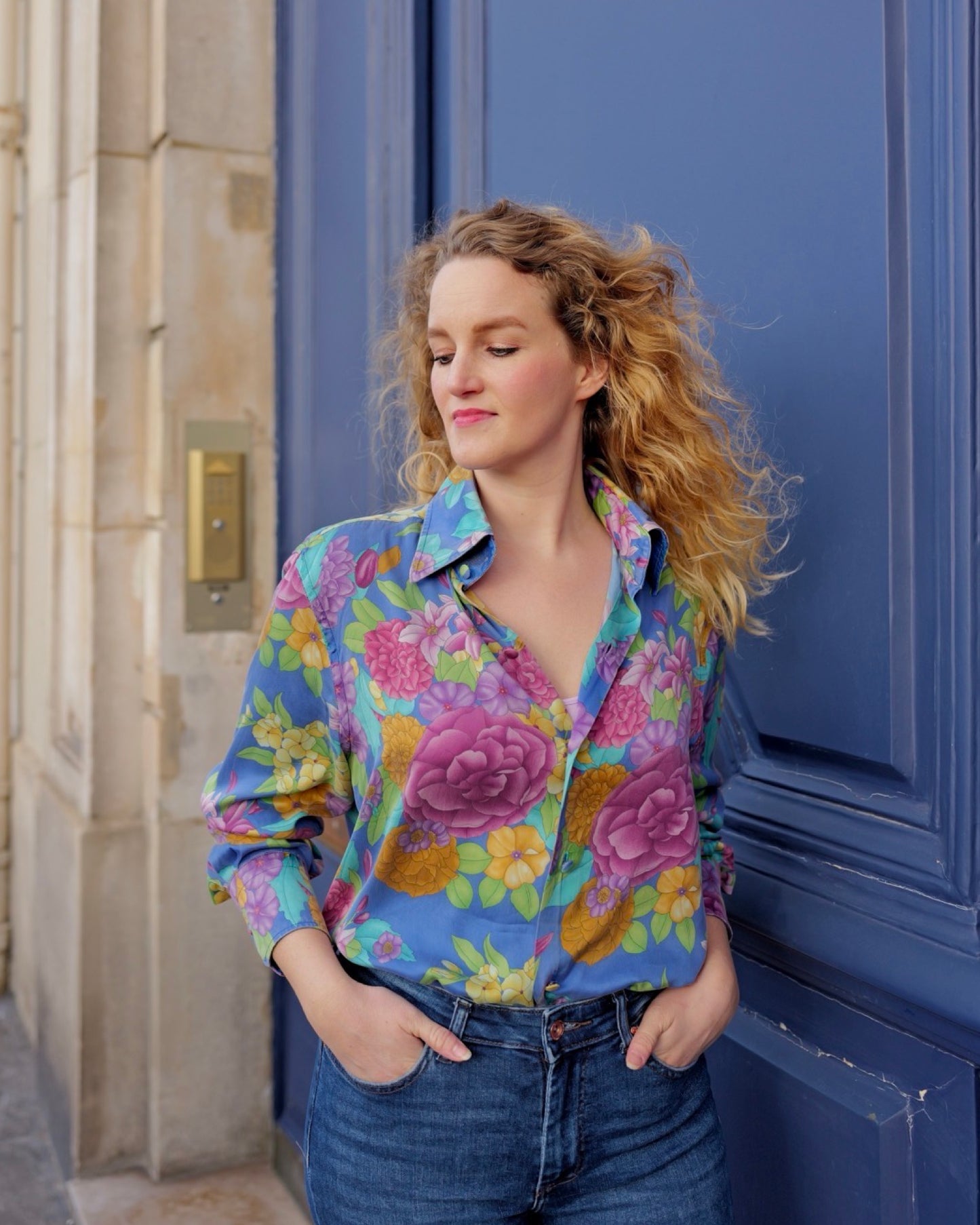 Zijden vintage blouse met bloemen - L