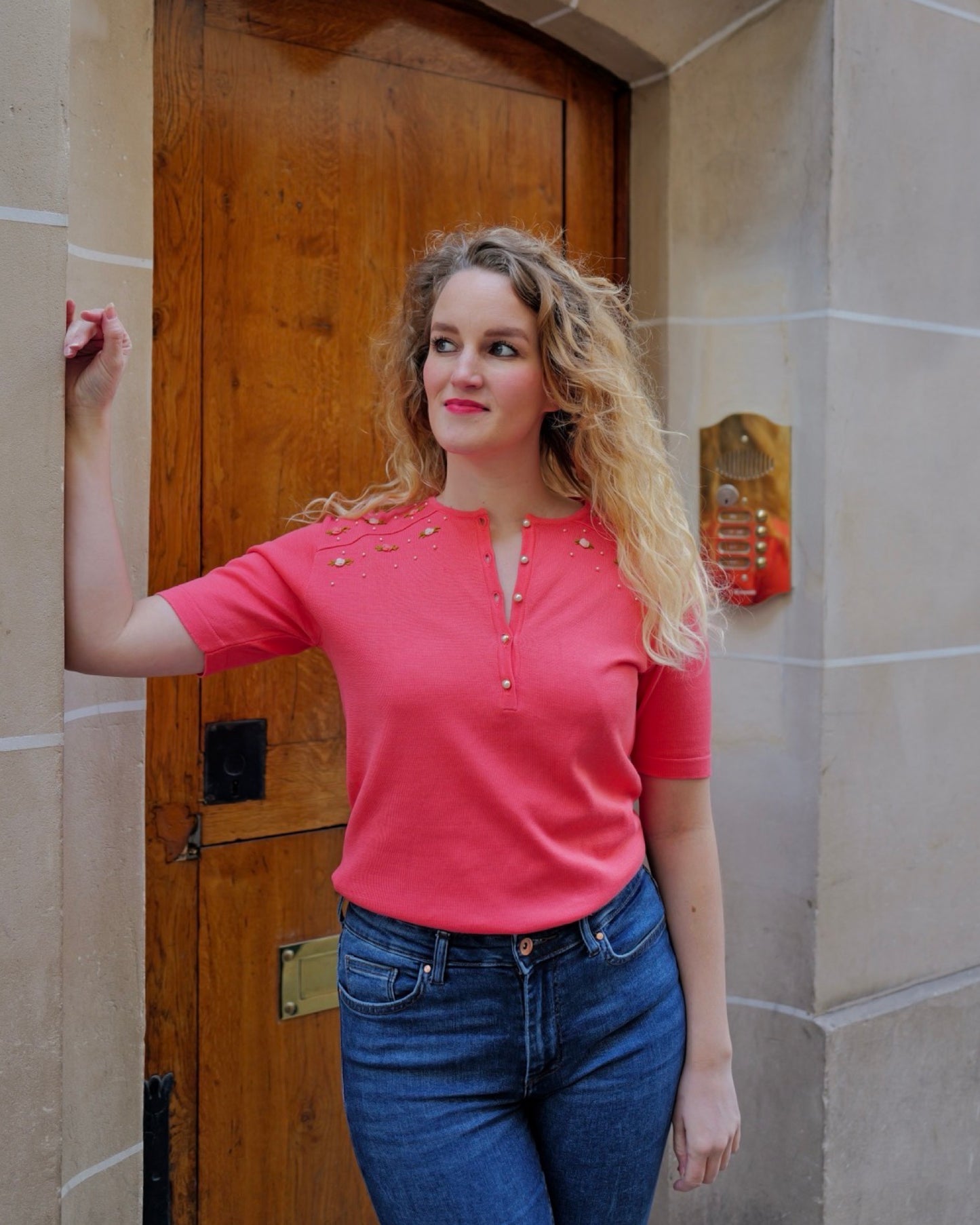 Vintage top met rozen en parels - S/M