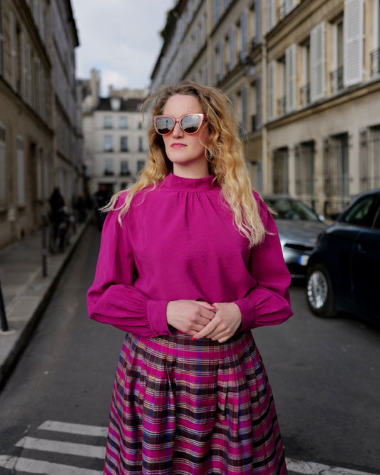 Fuchsia blouse met pofmouwen - L