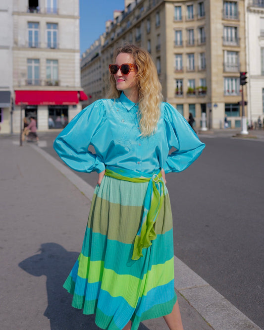 Turquoise vintage blouse met vleermuismouwen - L/XL