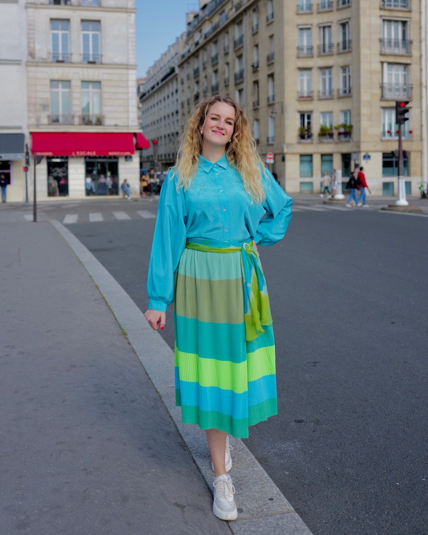 Turquoise vintage blouse met vleermuismouwen - L/XL