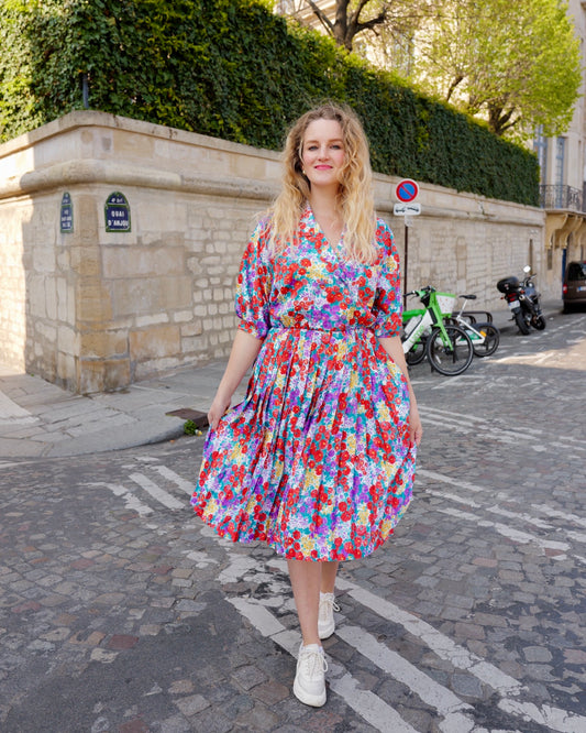 Vintage bloemenjurk met plissérok - M