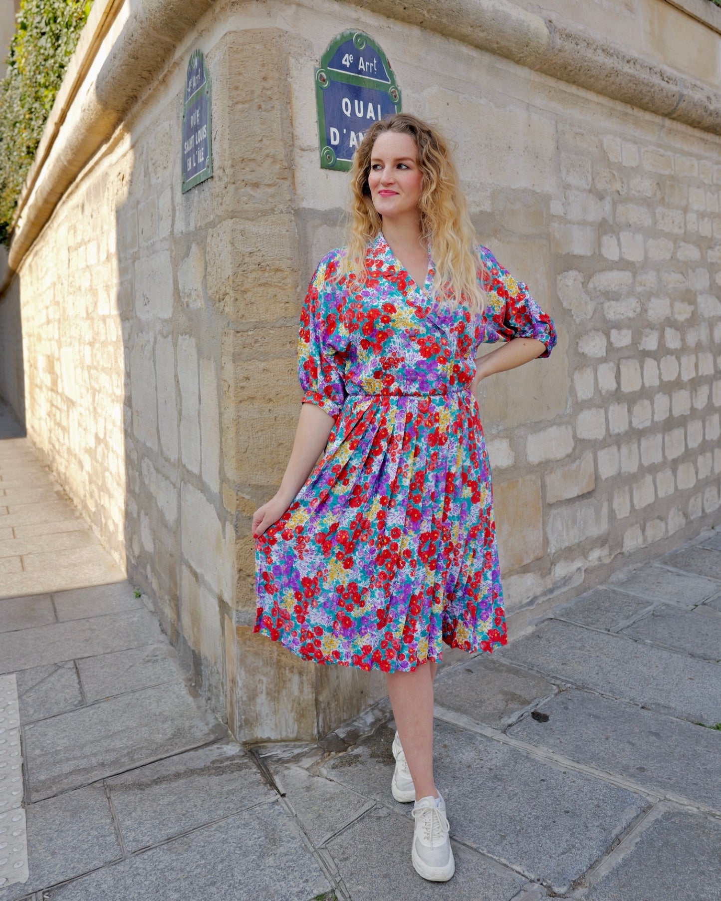Vintage bloemenjurk met plissérok - M