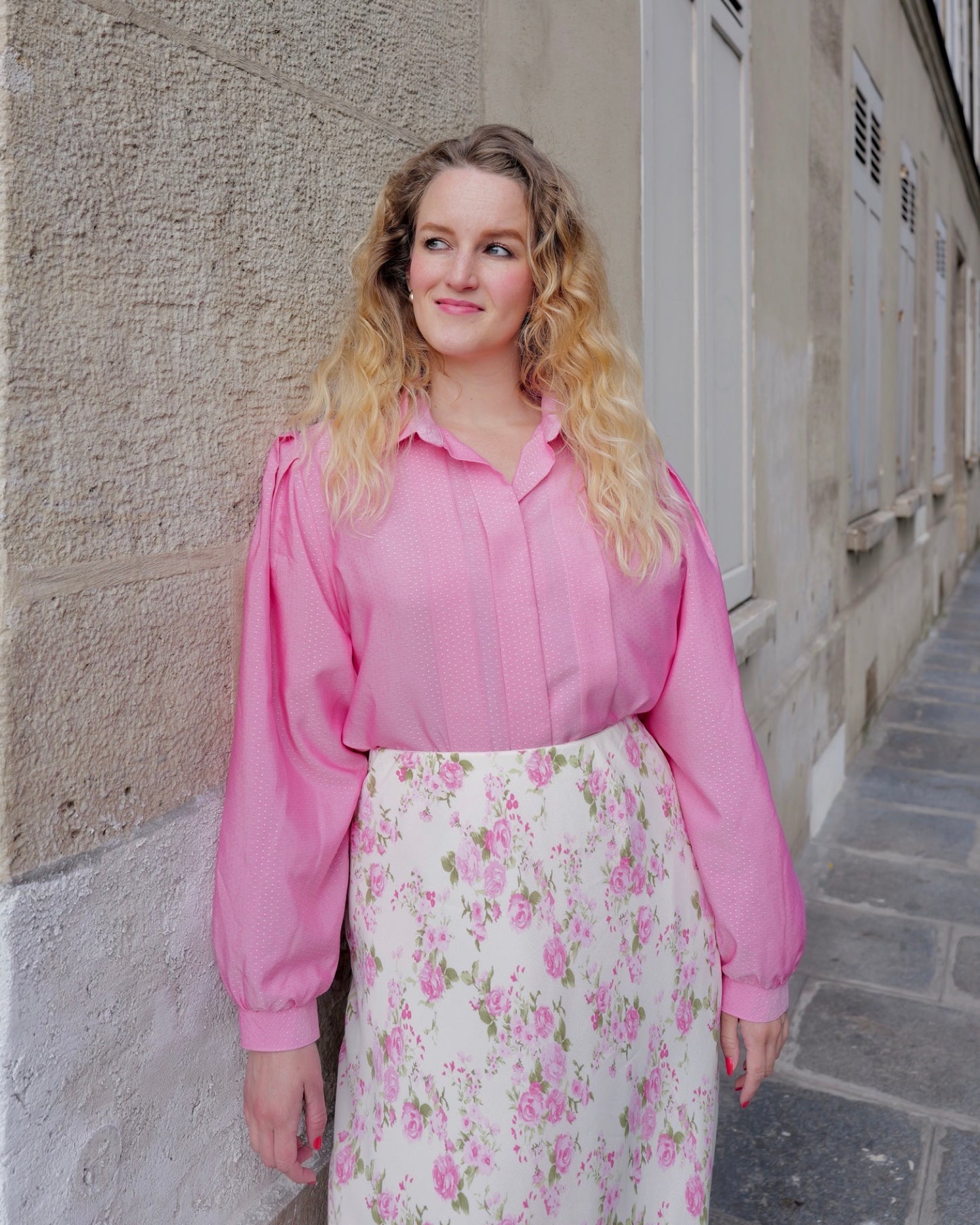 Roze vintage blouse met pofmouwen - L