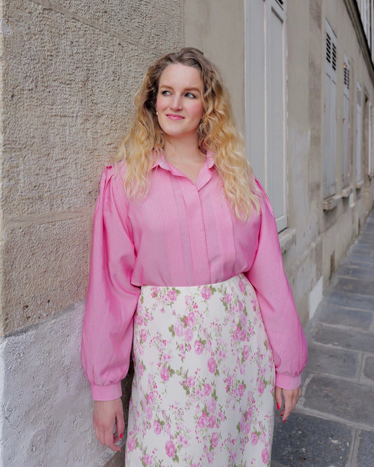 Roze vintage blouse met pofmouwen - L