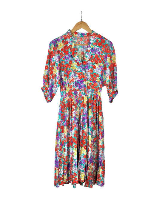 Vintage bloemenjurk met plissérok - M