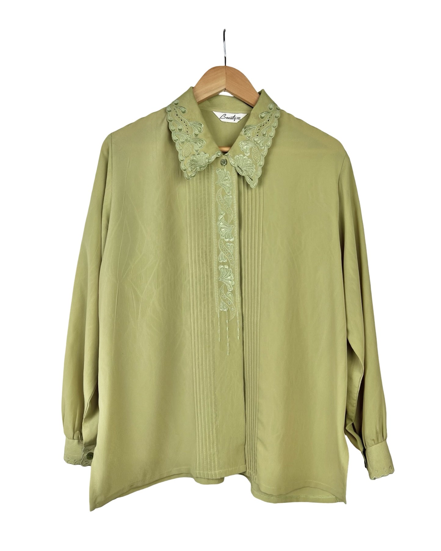 Lichtgroene vintage blouse met borduursels - L