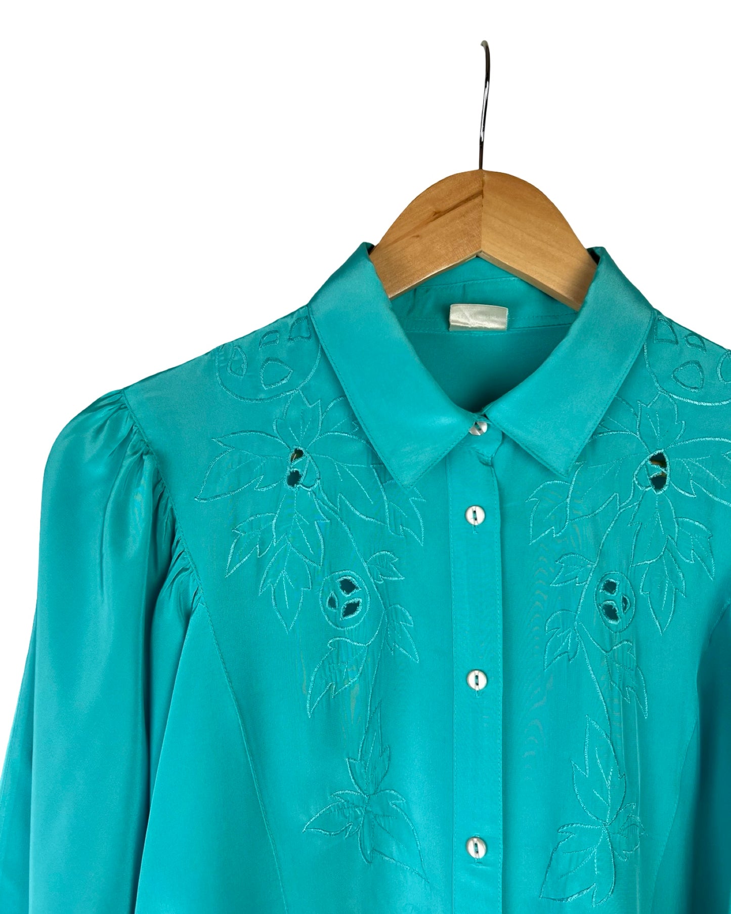 Turquoise vintage blouse met vleermuismouwen - L/XL