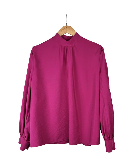 Fuchsia blouse met pofmouwen - L
