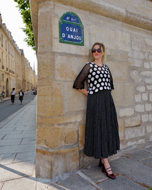 Vintage maxi plissérok met stippen - S