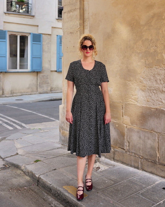 Vintage viscose doorknoopjurk met stippen - S/M