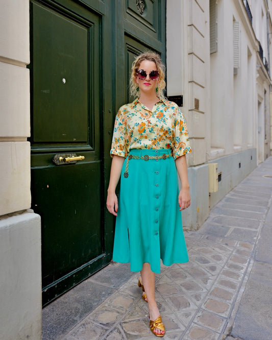 Turquoise zijden rok - L
