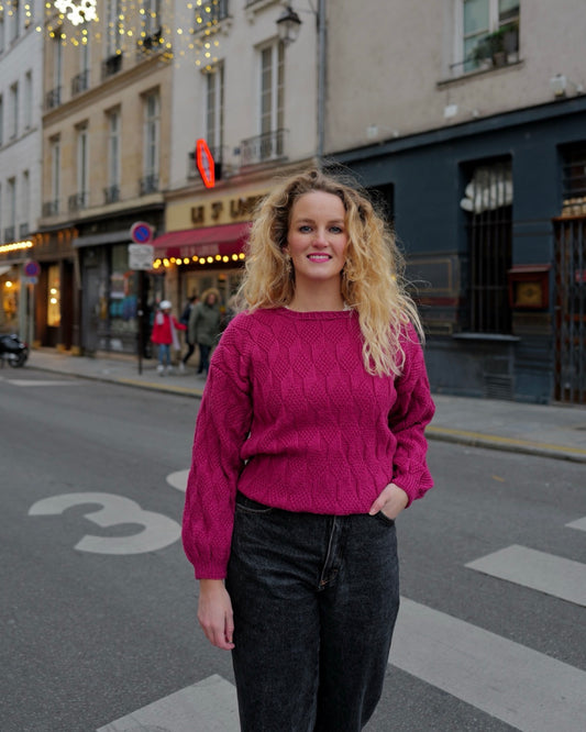 Vintage fuchsia wollen trui - L