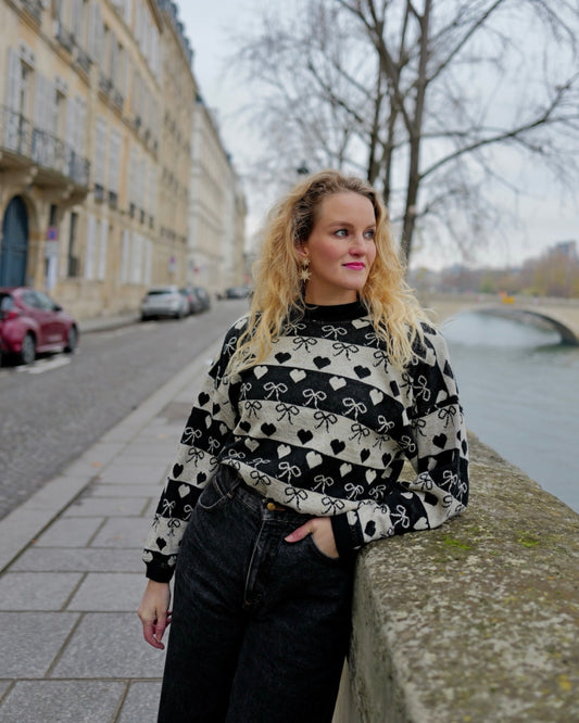 Vintage trui met strepen, hartjes en strikjes - L/XL