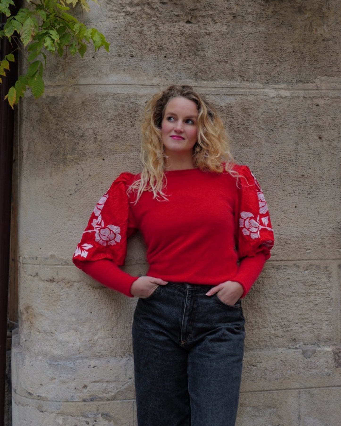 Rode vintage trui met pofmouwen - S/M