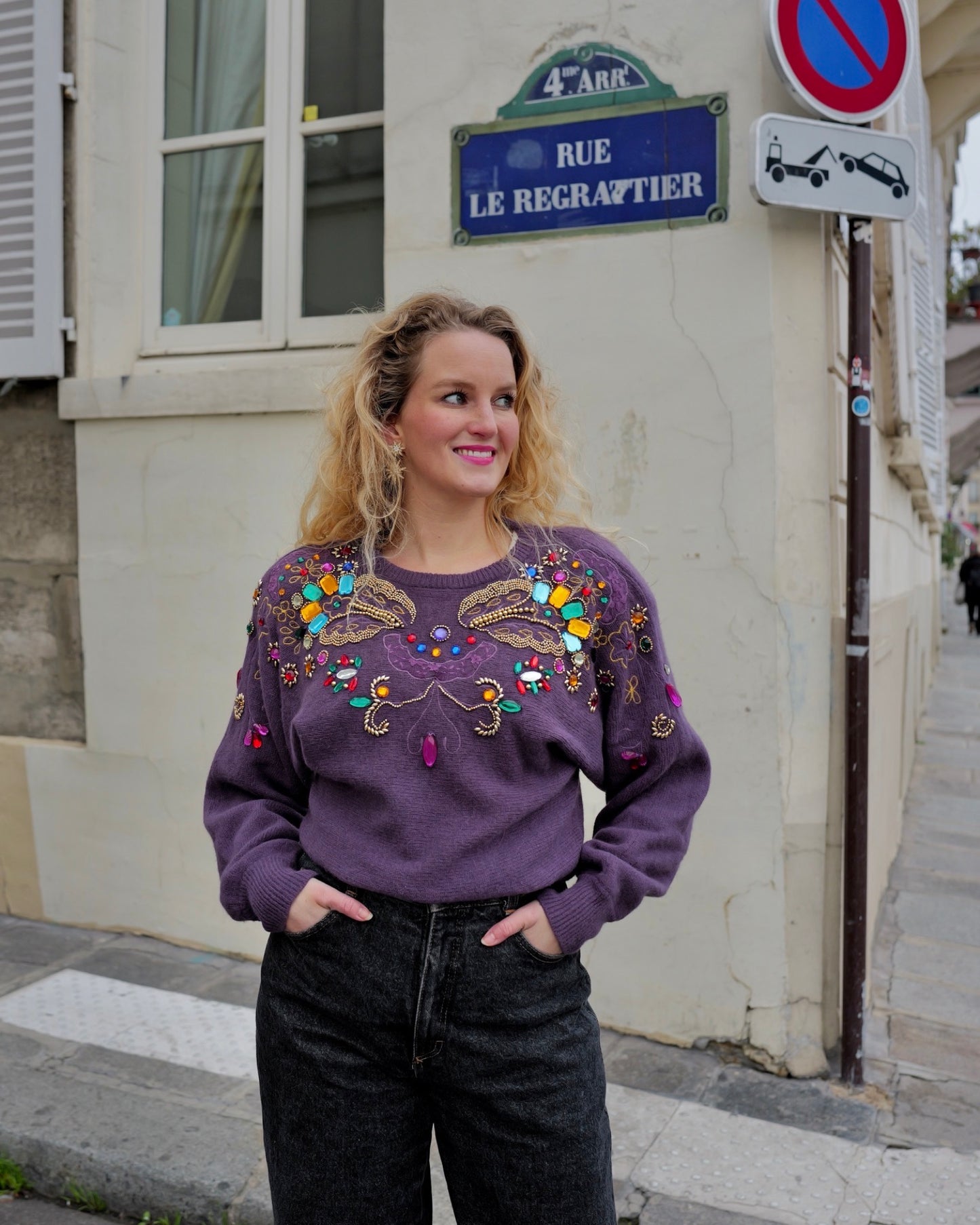 Paarse vintage jewel trui - M/L