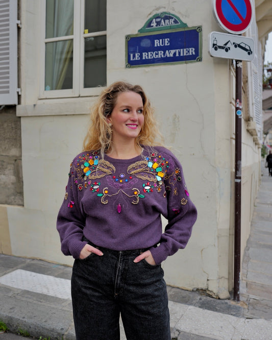 Paarse vintage jewel trui - M/L