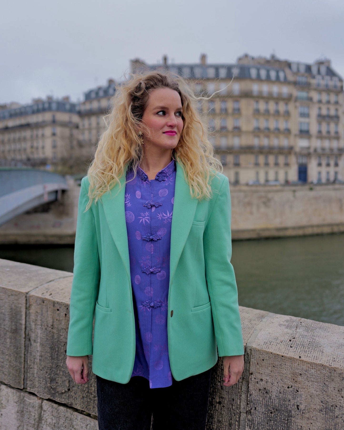 Vintage mintgroene wollen blazer - M