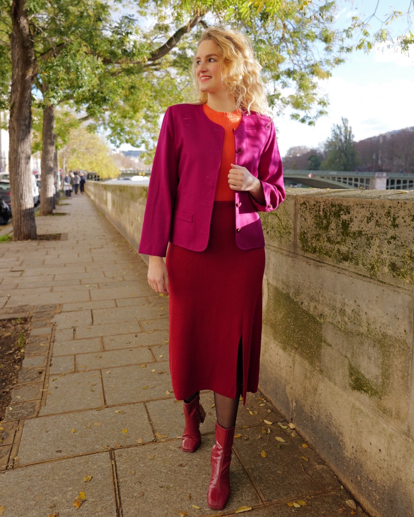 Vintage wollen midirok bordeaux - L