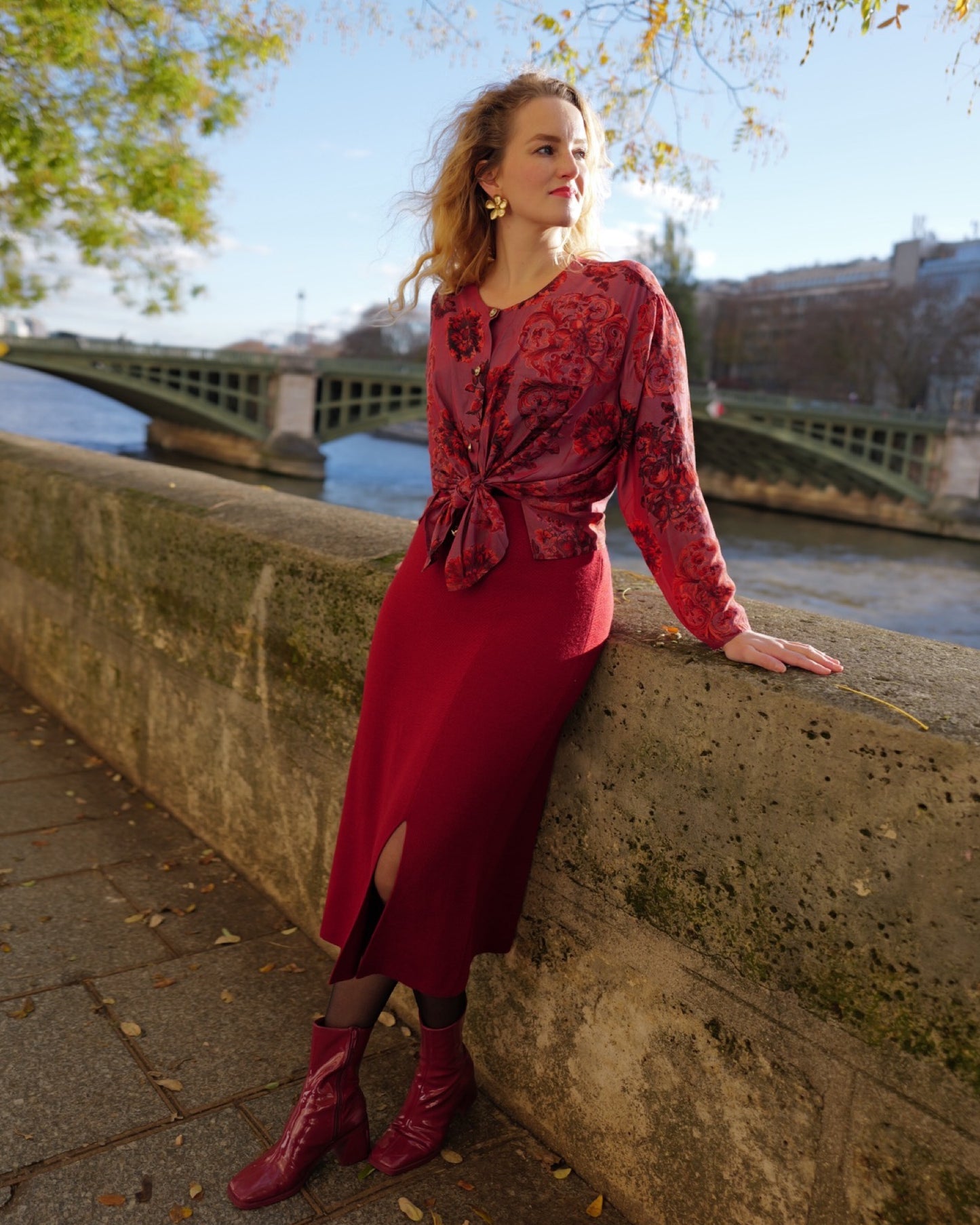 Vintage wollen midirok bordeaux - L