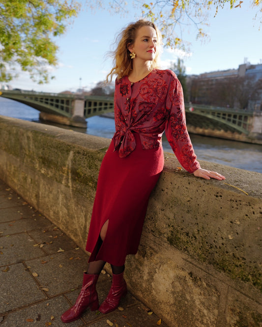 Vintage wollen midirok bordeaux - L