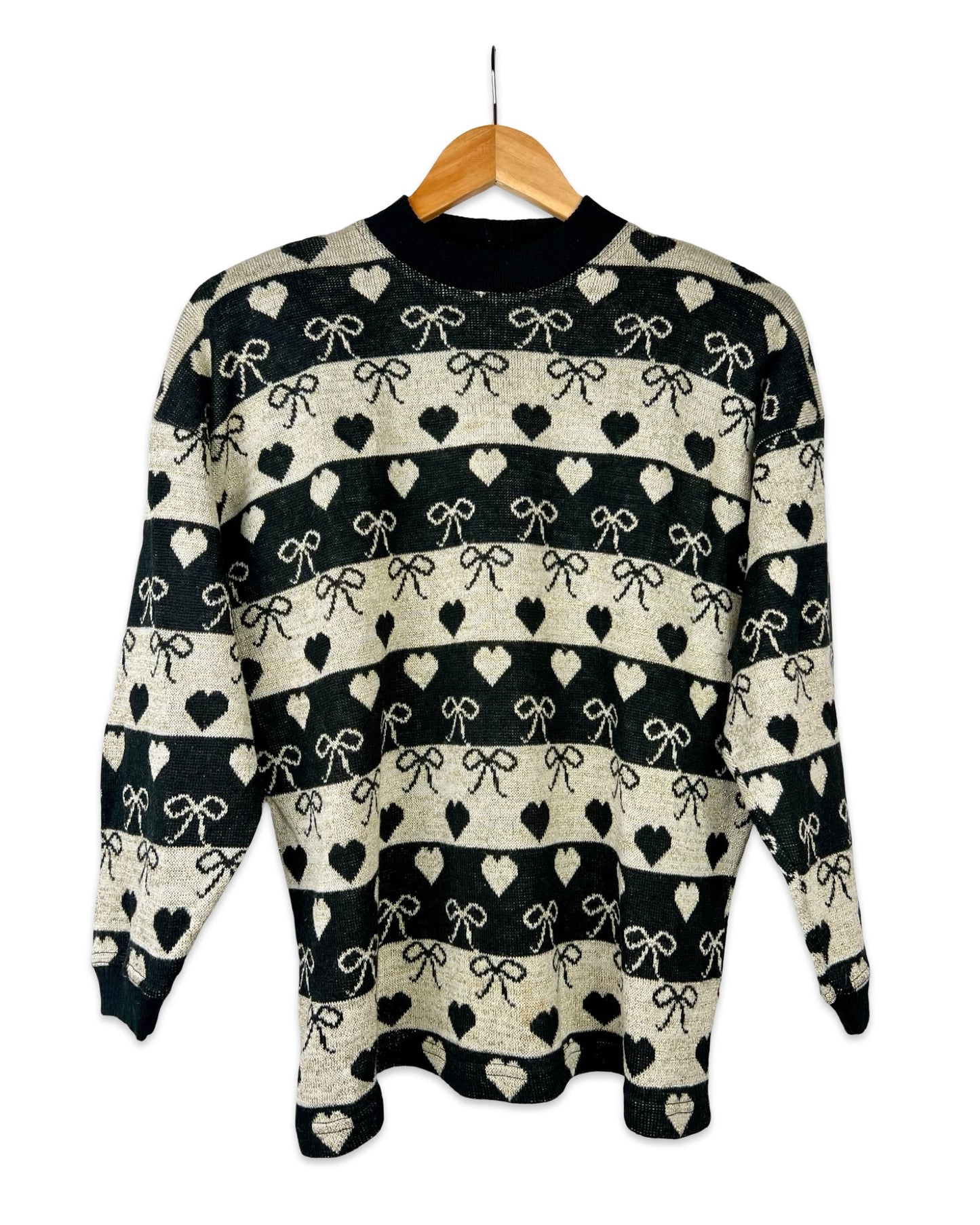 Vintage trui met strepen, hartjes en strikjes - L/XL