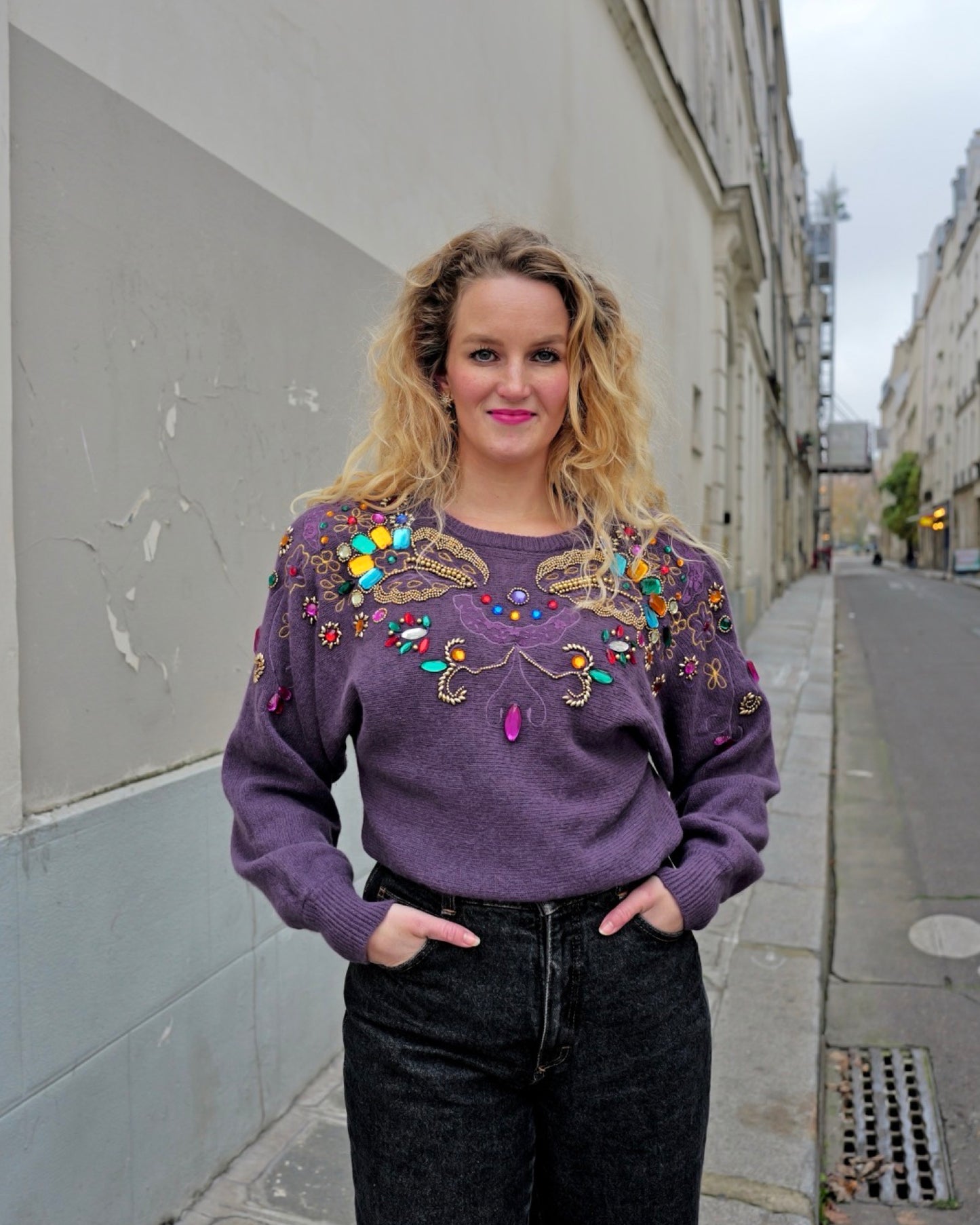 Paarse vintage jewel trui - M/L