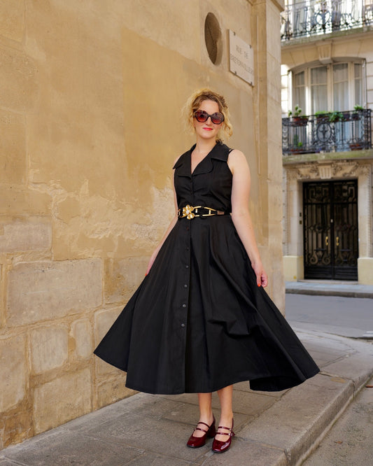 Zwarte vintage midi jurk met klokkende rok - S/M
